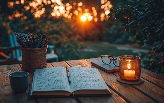Sunset garden writing scene with open book, pencils, glasses, and candle.