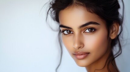 Fototapeta premium close up face portrait of an Indian woman with pretty beautiful clean skin and no makeup smiling confidently, facial and beauty