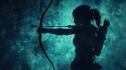A silhouette of a female archer poised to shoot an arrow against a textured blue backdrop.
