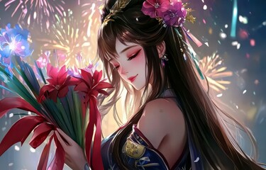 Naklejka premium Young woman holding colorful flowers against a vibrant fireworks backdrop in a festive celebration setting, showcasing joy and cultural beauty at night