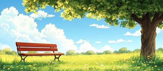 Obraz premium Serene Summer Day: A Bench Under the Tree's Shade