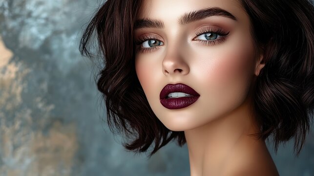 close up face portrait of pretty Spanish woman smiling relax atmosphere wearing red burgandy lip makeup 