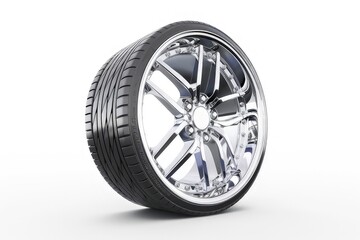 Obraz premium A shiny chrome car wheel with a high-performance tire, showcasing automotive design. isolated on white background