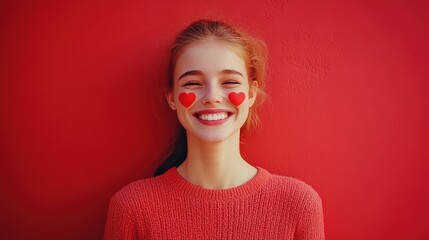 very fun and happy woman face expression portrait in bright tone color, Caucasian woman smiling with red bright color background