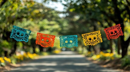 Colorful papel picado banners hanging over a tree-lined road, celebrating a festive occasion.