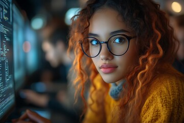 Focused female coder working late.