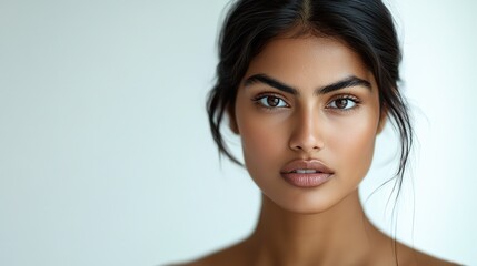 Naklejka premium close up face portrait of an Indian woman with pretty beautiful clean skin and no makeup smiling confidently, facial and beauty