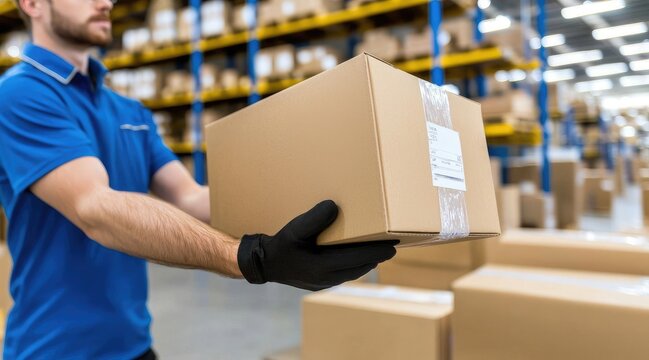 A worker in a blue shirt carries a cardboard box in a warehouse setting.