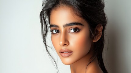 Naklejka premium close up face portrait of an Indian woman with pretty beautiful clean skin and no makeup smiling confidently, facial and beauty