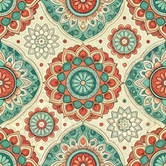 Seamless Pattern Design Vibrant Mandala Floral Ornament Teal and Coral Ethnic Boho Style