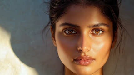 close up face portrait of an Indian woman with pretty beautiful clean skin and no makeup smiling confidently with sunlight shine on face, facial and beauty