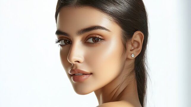 close up face portrait of an Indian woman with pretty beautiful clean skin and no makeup smiling confidently, facial and beauty