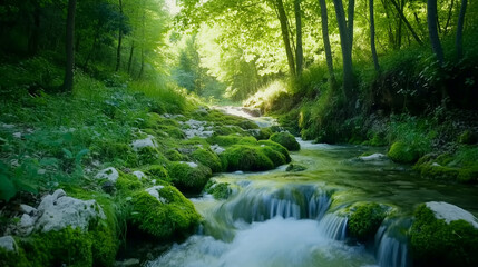 Obraz premium Long exposure shot of a natural landscape with a water stream flowing between moss