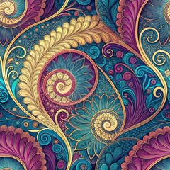 Vivid Ornate Floral Paisley Pattern Design Intricate Swirls and Jewel Tones