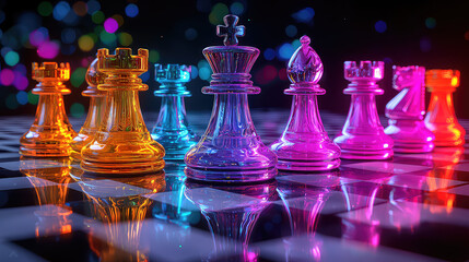 Colorful glass chess pieces on a reflective board, illuminated with vibrant bokeh lights.