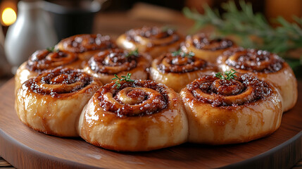 A tray of warm, gooey cinnamon rolls drizzled with icing, with the swirls of cinnamon visible through the soft, golden-brown pastry, placed on a wooden serving board with a light dusting of sugar.