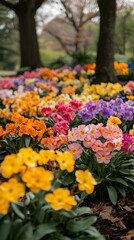 Obraz premium Vibrant multicolored primroses blooming in a garden.