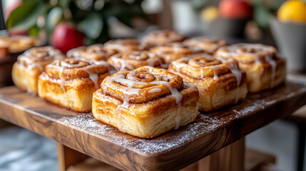 A tray of warm, gooey cinnamon rolls drizzled with icing, with the swirls of cinnamon visible through the soft, golden-brown pastry, placed on a wooden serving board with a light dusting of sugar.