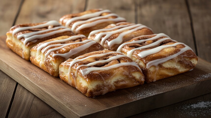 A tray of warm, gooey cinnamon rolls drizzled with icing, with the swirls of cinnamon visible through the soft, golden-brown pastry, placed on a wooden serving board with a light dusting of sugar.