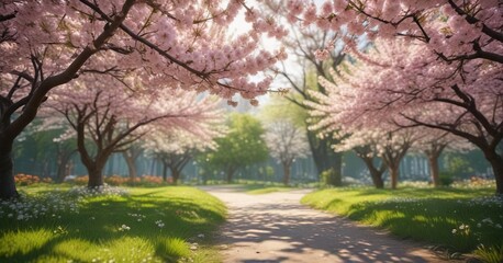 Obraz premium Soft focus image of a lush green garden filled with blooming cherry blossoms, serene garden scene, peaceful atmosphere