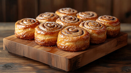 A tray of warm, gooey cinnamon rolls drizzled with icing, with the swirls of cinnamon visible through the soft, golden-brown pastry, placed on a wooden serving board with a light dusting of sugar.
