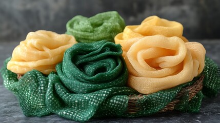 Green and Yellow Fabric Roses in a Basket