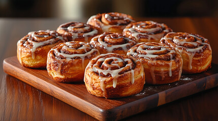 A tray of warm, gooey cinnamon rolls drizzled with icing, with the swirls of cinnamon visible through the soft, golden-brown pastry, placed on a wooden serving board with a light dusting of sugar.