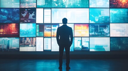 A Man Observes Data Streams On A Large Screen Wall