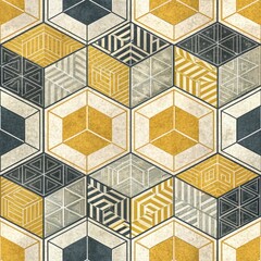 Abstract Geometric Hexagon Tile Pattern in Mustard Yellow Gray and Black