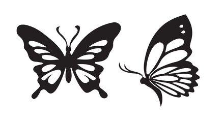 Monarch butterfly silhouettes collection, vector illustration isolated on white background. Closeup design element black butterfly. 