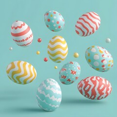 Decorated Easter Eggs Float Against A Teal Background
