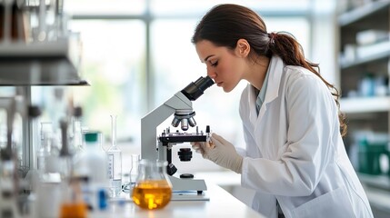 Female biochemist using microscope while working on scientific research in laboratory