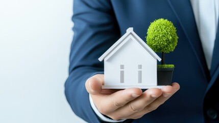 Man nurturing growth, miniature house and plant symbolizing care, sustainability, a green future