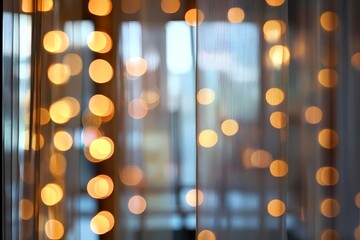 Golden Bokeh Lights Behind Sheer Curtain Panel
