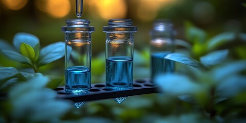 Blue liquid in test tubes among green leaves.