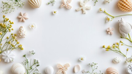 A beautiful floral frame of pink frangipani flowers and shells with blooming petals, leaves, and vibrant greenery, perfect for spring or a wedding decoration