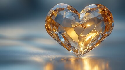 Sparkling amber crystal heart on reflective surface.