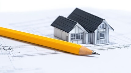 Architectural blueprint analysis, pencil and house model on construction plans for real estate development project