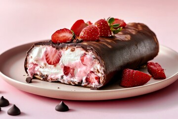 Chocolate dessert roll filled with whipped cream and fresh strawberries garnished with chocolate chips on a soft pink background