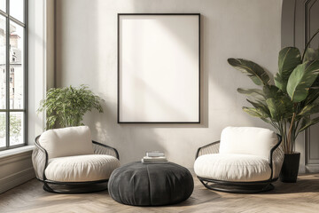 explore modern minimalist living room design with contemporary furniture and a neutral palette featuring large mockup frames and plant decor