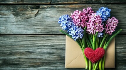 Vintage bouquet of tulips and flowers with a card on a wooden surface, symbolizing love and spring, decorated with heart, envelope, and floral accents