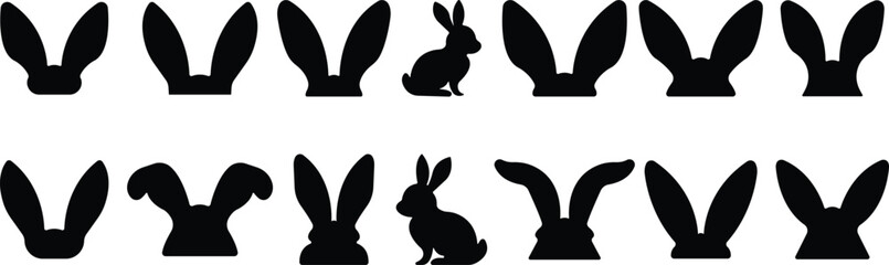 Bunny ears icon flat set Rabbit ears silhouette, Easter hare vector for apps or web. Cute headband for Easter, rabbit costume mask, festive decoration for head isolated on transparent background