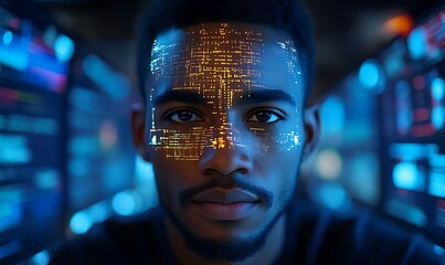 Man's face with digital overlay.