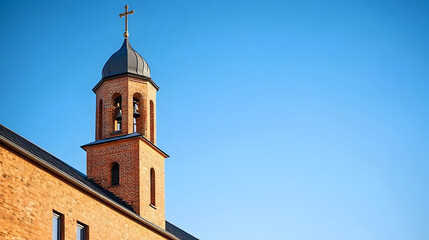 Fototapeta premium A tall brick bell tower with a cross atop rises against a clear blue sky, showcasing architectural elements typical of religious buildings