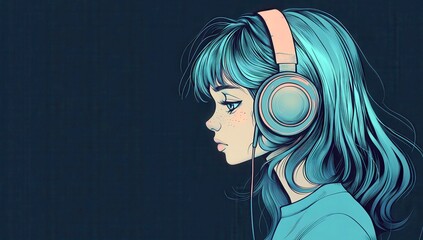 Profile of a Young Woman with Vibrant Blue Hair Wearing Headphones, Ideal for Illustrating Music and Youthful Energy in Digital Art