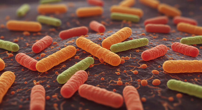 Close-up of Biofilm with Antibiotic Resistant Bacteria, Including E. coli, MRSA, and Pseudomonas, 3D Illustration