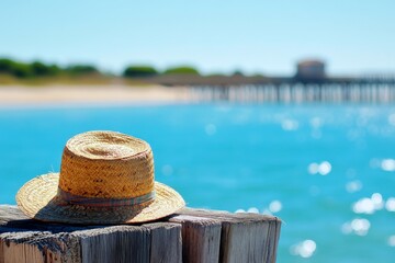Naklejka premium Straw hat resting on weathered wooden post by the tranquil blue sea with a blurred pier in the background under a clear sunny sky