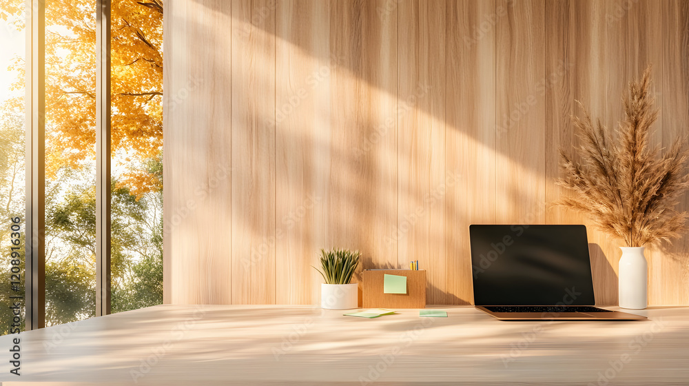Poster a modern workspace with a laptop, greenery, and warm lighting from large windows, creating a serene 