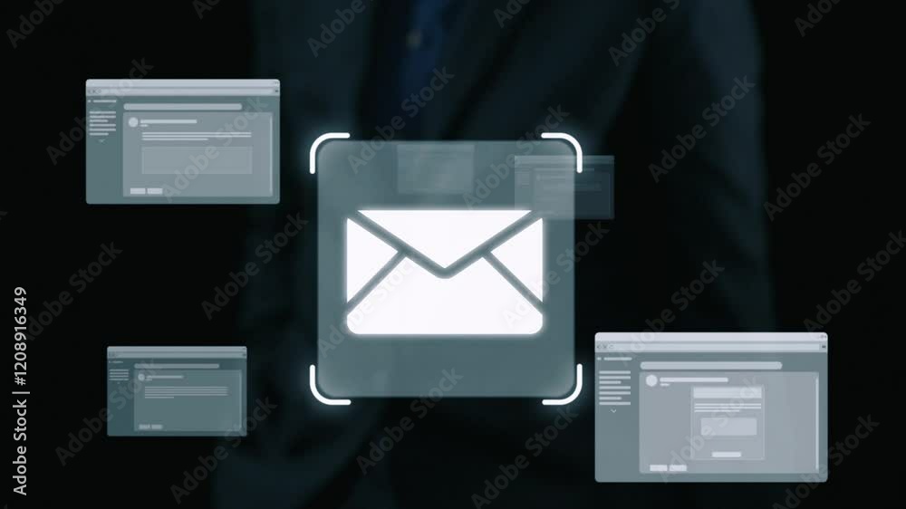Poster business person checking email inbox, organizing and prioritizing messages for better productivity. 