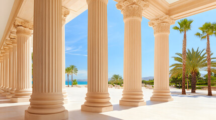 Fototapeta premium A sunny view through classical columns, showcasing palm trees and a serene ocean backdrop, creating a tranquil and picturesque atmosphere